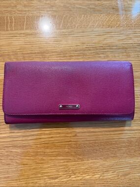 Fendi Berry Leather Long Wallet with Logo Plaque